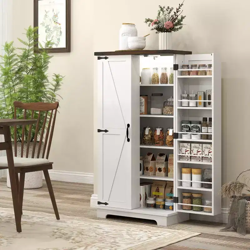 47 Kitchen Pantry Cabinet with Sensing LED Light, Farmhouse Storage Cabinet with Doors, 2 Adjustable Shelves and 12 Door Shelves, White