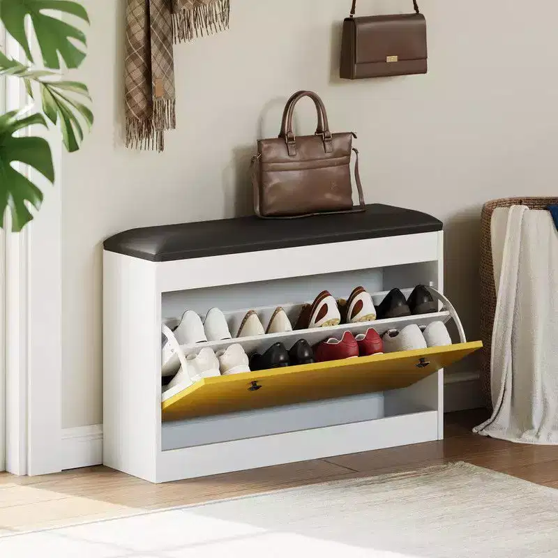 Coolmee 31.5 inch Shoe Storage Bench with Flip Drawer and PU Cushion, Entryway Shoe Organizer Cabinet for Hallway, Bedroom, Living Room