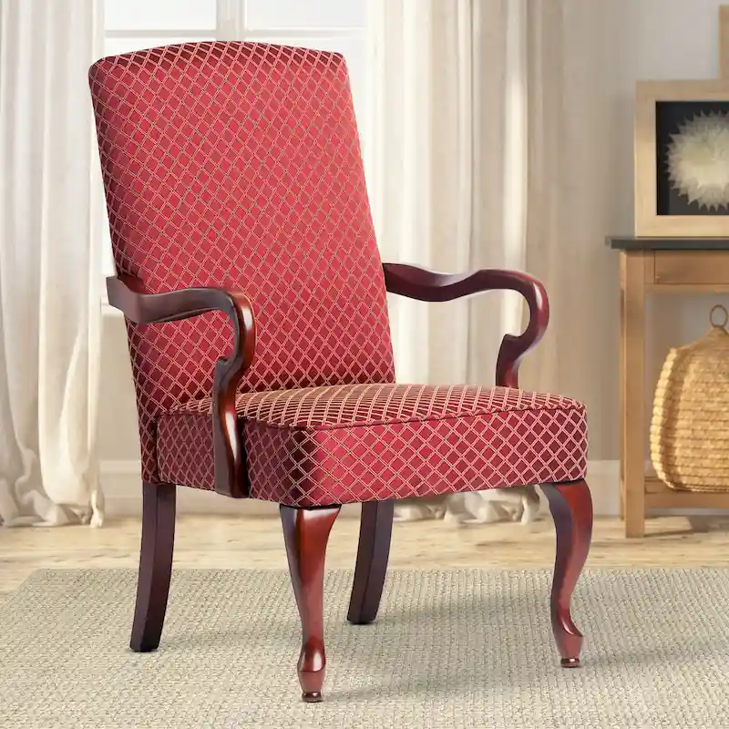 Traditional Gooseneck Curved Back Accent Chair | Cherry Finish | Plush Upholstery | 4 Colors