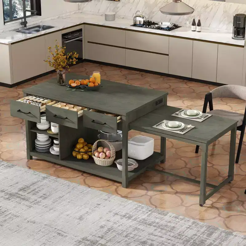 Clihome Extendable Kitchen Island with Storage, Multi-Functional Kitchen Cart with Built-In Power Outlets,with Drawers and Open Shelves for Kitchen