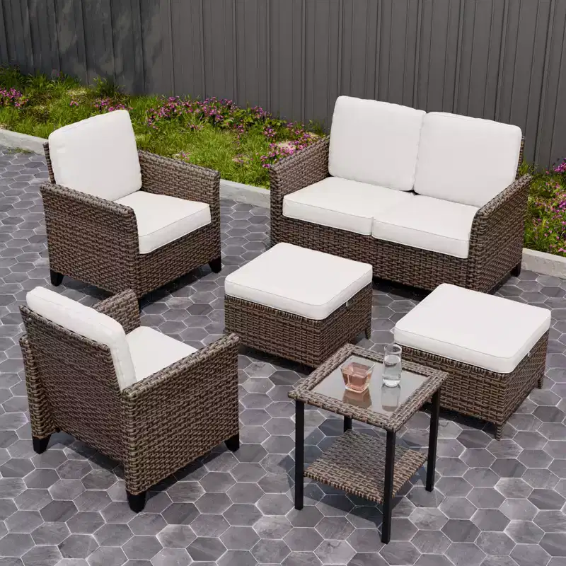 EAGLE PEAK Ocean Vista 6 piece Patio Variated Brown Wicker Conversation Set Dining Chairs, Loveseat