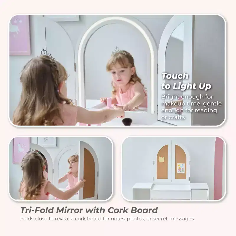 Kids Deluxe Glow Wooden Vanity Desk with LED Mirror, Storage & Stool, White
