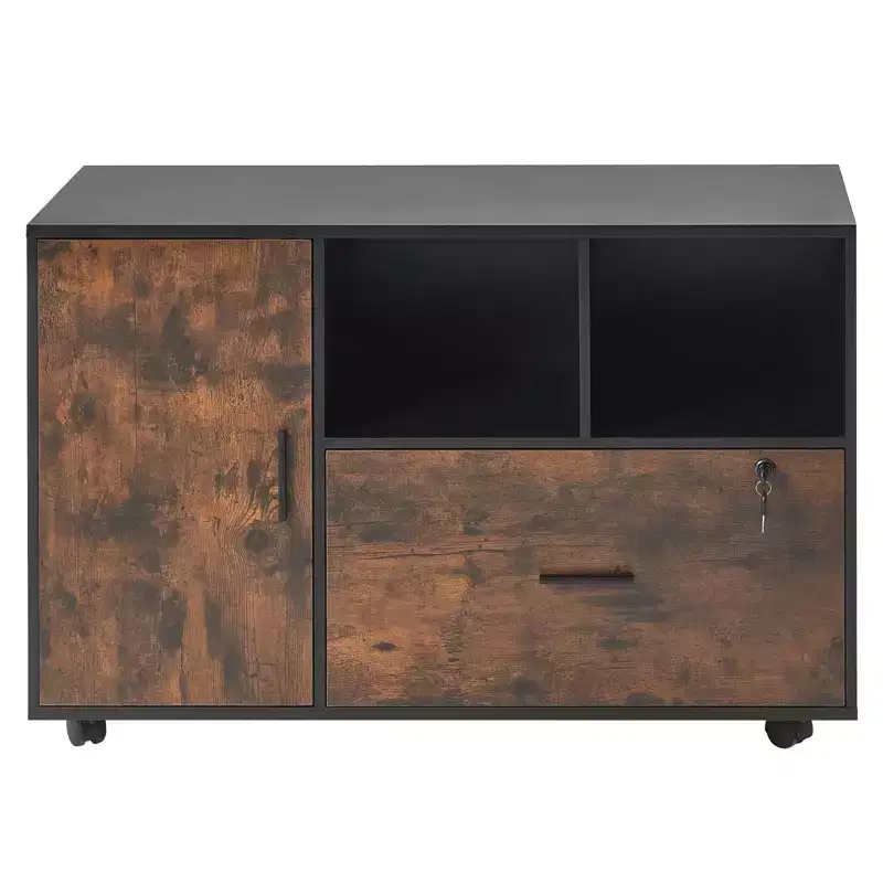 VEVOR Wood File Cabinet, Mobile Filing Cabinet with Open Shelves, Lockable Lateral Rolling File Storage with Adjustable Shelves, Brown&Black