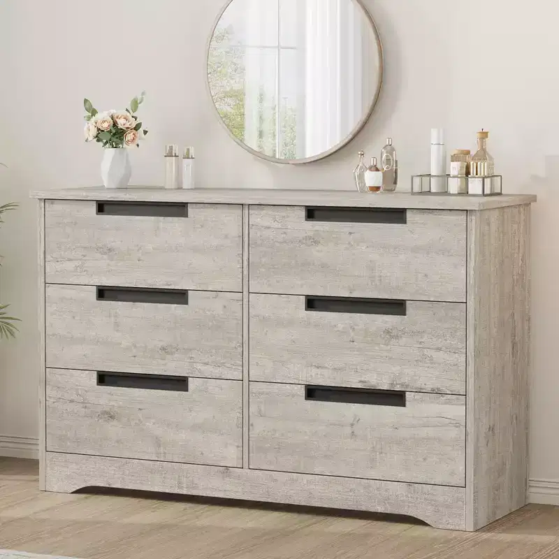 6 Drawer Dresser for Bedroom, Modern Double Dresser Organizer with Embedded Handles Design, Wooden Chest of Drawers for Living Room