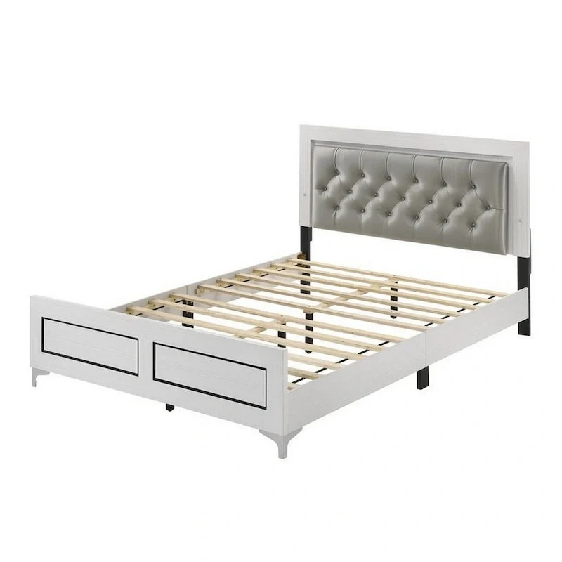 Elegant Queen Size Bed, LED Trim, Button Tufted Headboard, White