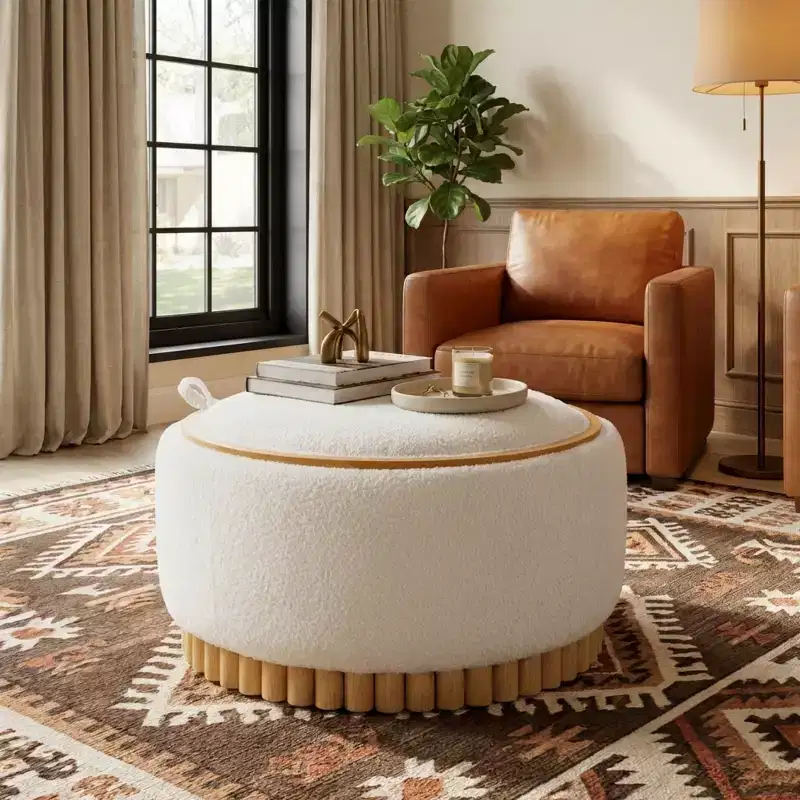 Polibi Round Storage Ottoman with Solid Wood Cylinder Base & Reversible Lid