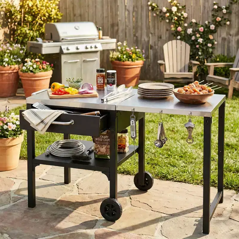 GDFStudio Mavis Outdoor Kitchen Cart Foldable Stainless Steel Prep Station with Wheels