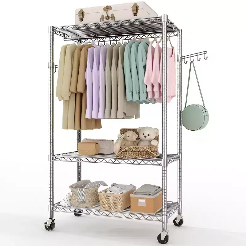 3 Tier Rolling Clothes Rack with Wheels, Heavy Duty Garment Rack with Adjustable Shelves & Double Hanging Rods