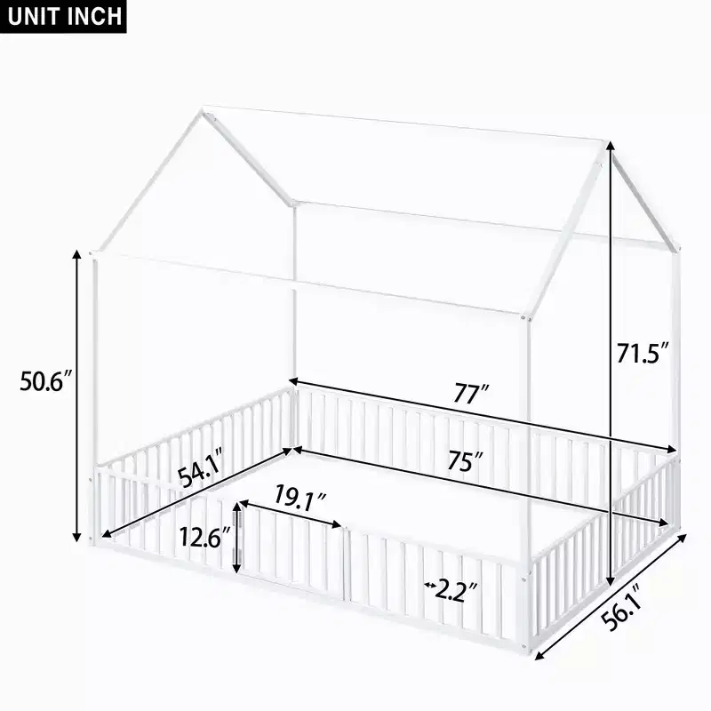 Luxystar Metal House Bed with Fence and Door for Kids's Room, White