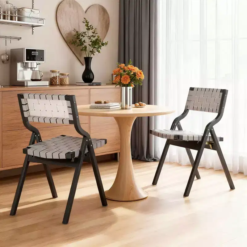 MAYEERTY 2-Set Wood Foldable & Stackable Dining Chairs for Dining Room, Woven Seat & Back, Light Grey - Black