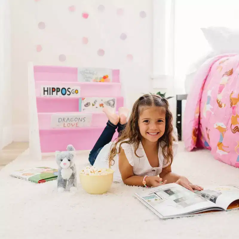 Kids' Vegan Leather Sling Bookshelf - White Wood, Light Pink/Dark Pink, 4 Shelves, Ages 3-10