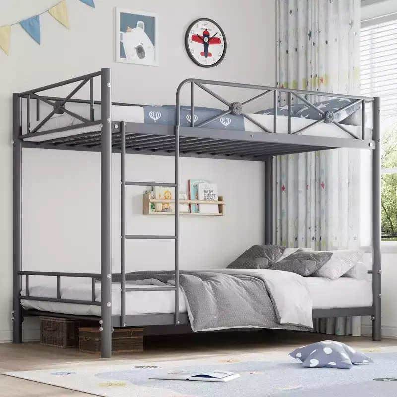 Acekool Metal Bunk Bed Twin Over Twin with Guard Rails Space Saving Steel Frame Design