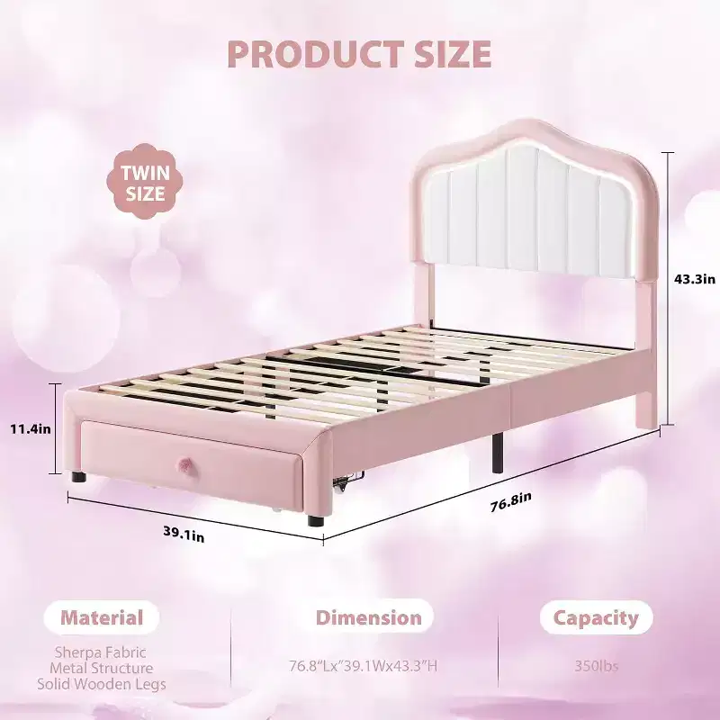 Twin Size Pink White Upholstered Bed Frame with Storage Drawer, LED Headboard, No Box Spring Needed, Easy Assembly
