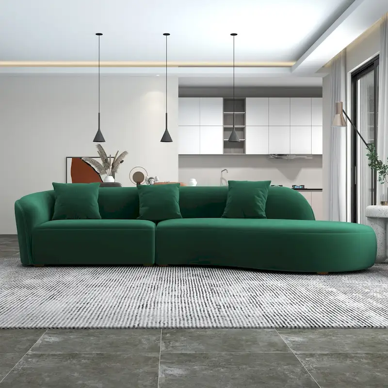 Gold / Dark Green Velvet Curved Tufted Sofa – 2-Seat