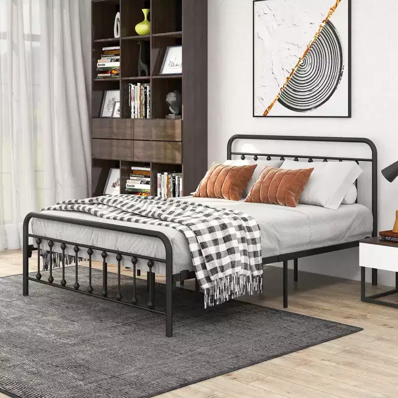 Okak Queen Size Bed Frame, Metal Platform Bed Frame with Headboard and Strong Slat Support for Bedroom, Living Room, Black