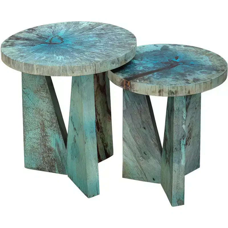 Uttermost Modern Rich Blue Green Stain Wood Round Nesting Tables Set of 2 Triangular Legs for Living Room Bedroom Bedside Entryway