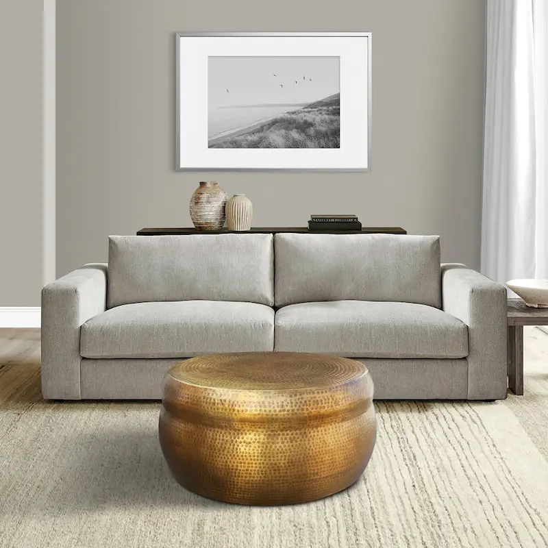 32 Inch Artisanal Round Drum Coffee Table, Hammered Embossed Texturing, Aluminum, Antique Brass