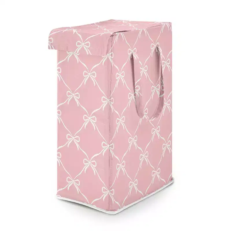Girl Foldable Laundry Hamper with Handles Ballerina and Ballet Bows Pink and White