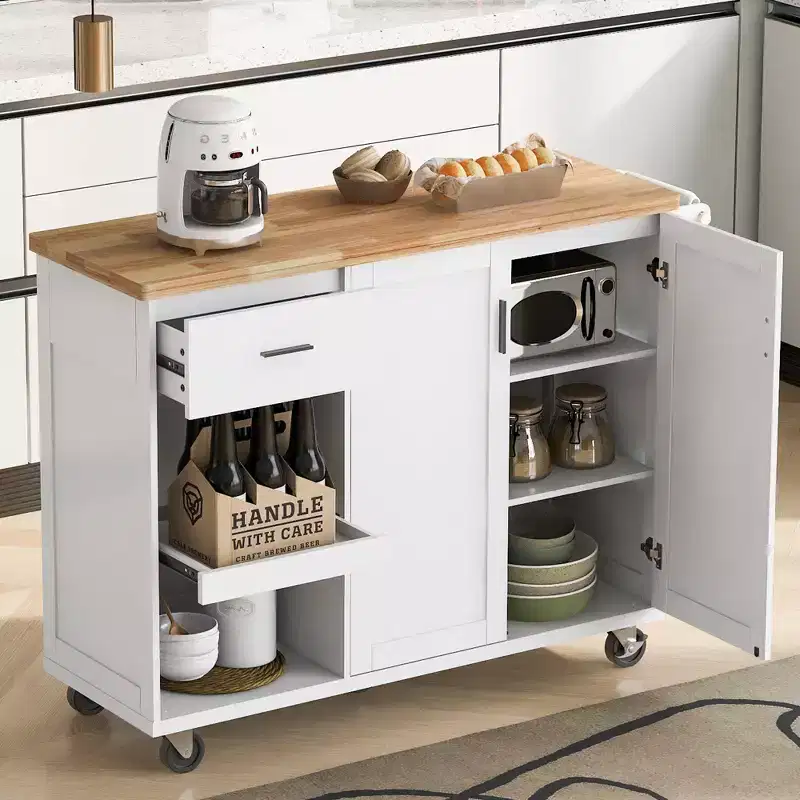 Kitchen Island with Foldable Counter Top Kitchen Storage Cart with Slide Out Shelf Towel Rack And Drawer Rolling Kitchen Cart on Wheels White
