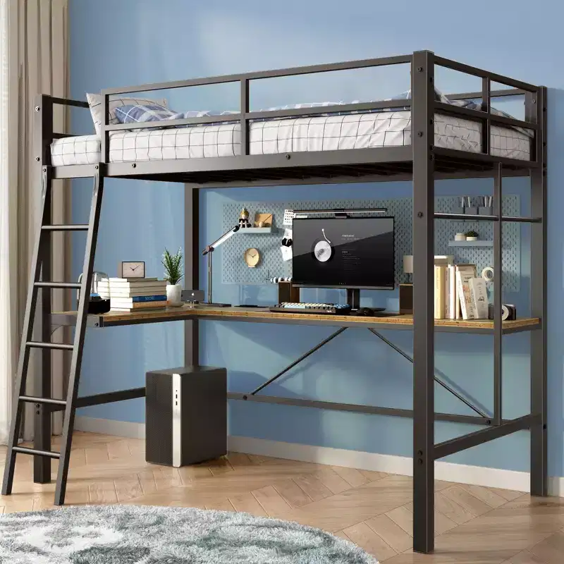 Metal Loft Bed with L-Shaped Desk, Safety Guard & Ladder - Twin, Black