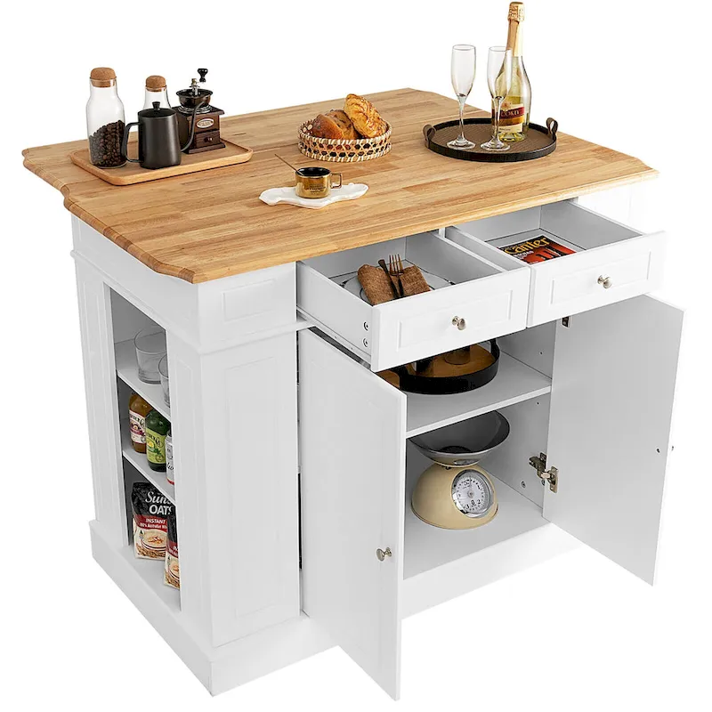Gymax Large Kitchen Island Drop Leaf Breakfast Bar w/ Wood Top Shelves