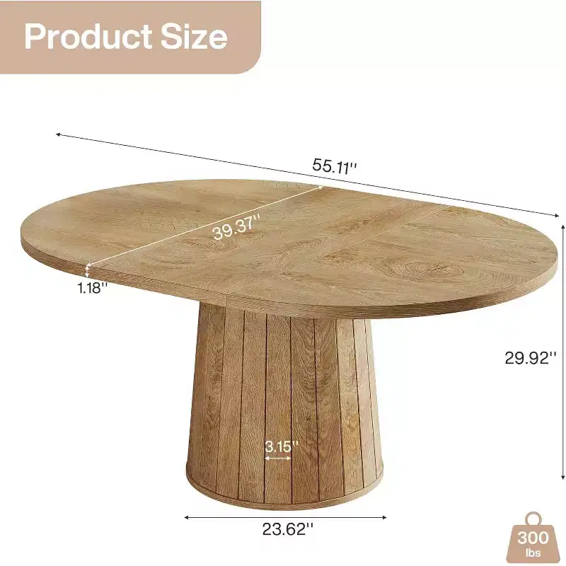 Lantine Oval Dining Table for 6 People, 55.11-Inch Farmhouse Kitchen Dinner Table with Cylindrical Pedestal (Light Brown)