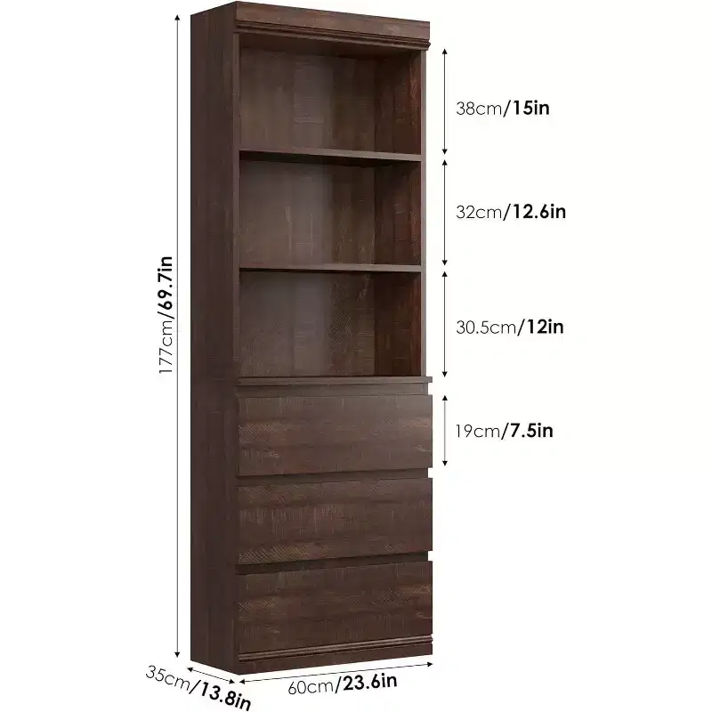 Acekool 70 Tall Bookcase with Drawers, Modern Deep Wood Shelf Cabinet for Home Office or Kitchen