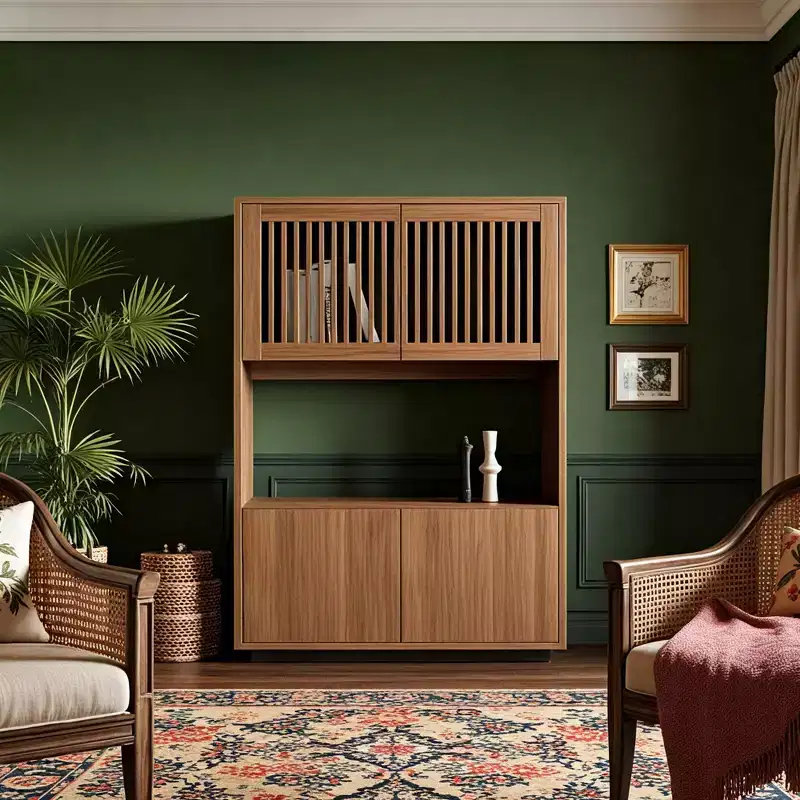 Luck Live Farmhouse 33.46 inch storage corner cabinet in walnut color.