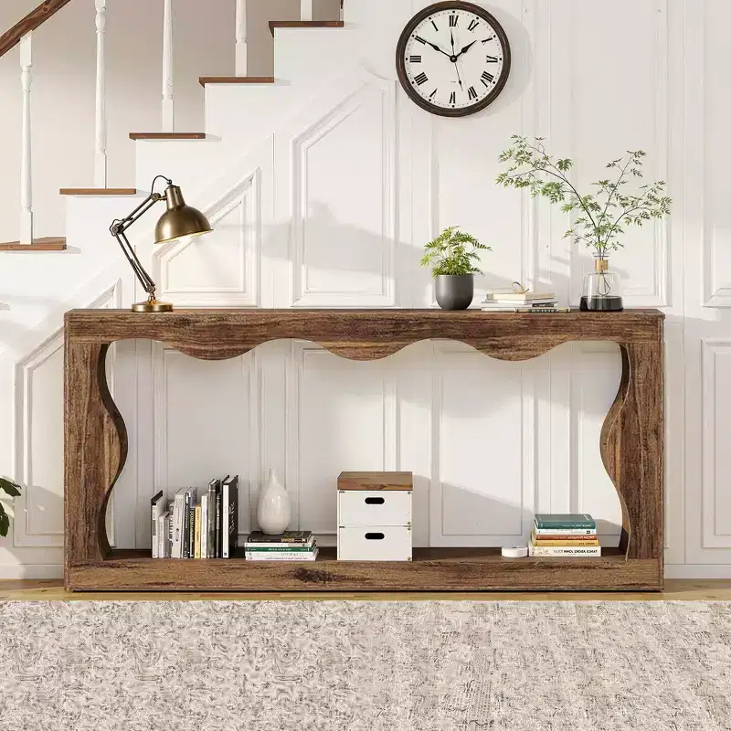 63 Wavy Scalloped Console Table, Retro Farmhouse 2-Tier Entryway Table for Home