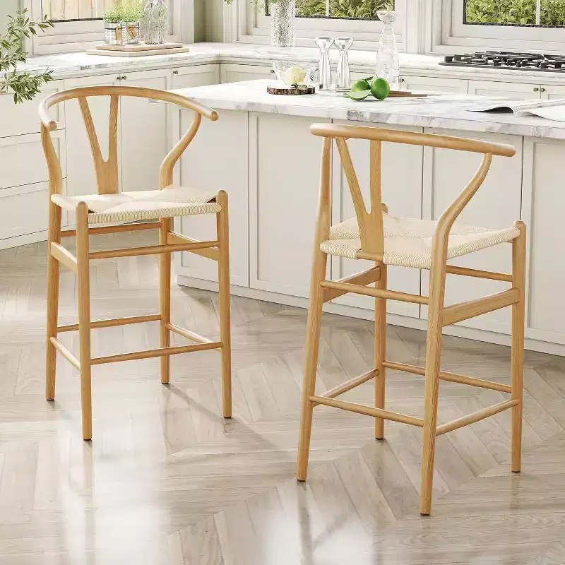 Natural Wood Wishbone Counter Stool, X-Back, Woven Seat, 1-Seat