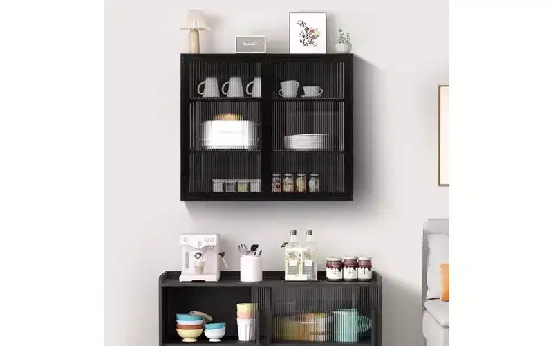 Modern 3-Tier Sideboard Cabinet - Iron & Tempered Glass, 2 Doors, Wall or Freestanding