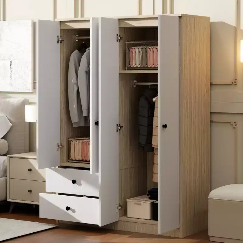GDFStudio Bowen Modern 4 Doors Bedroom Wardrobe with Hanging Rods and 2 Drawers