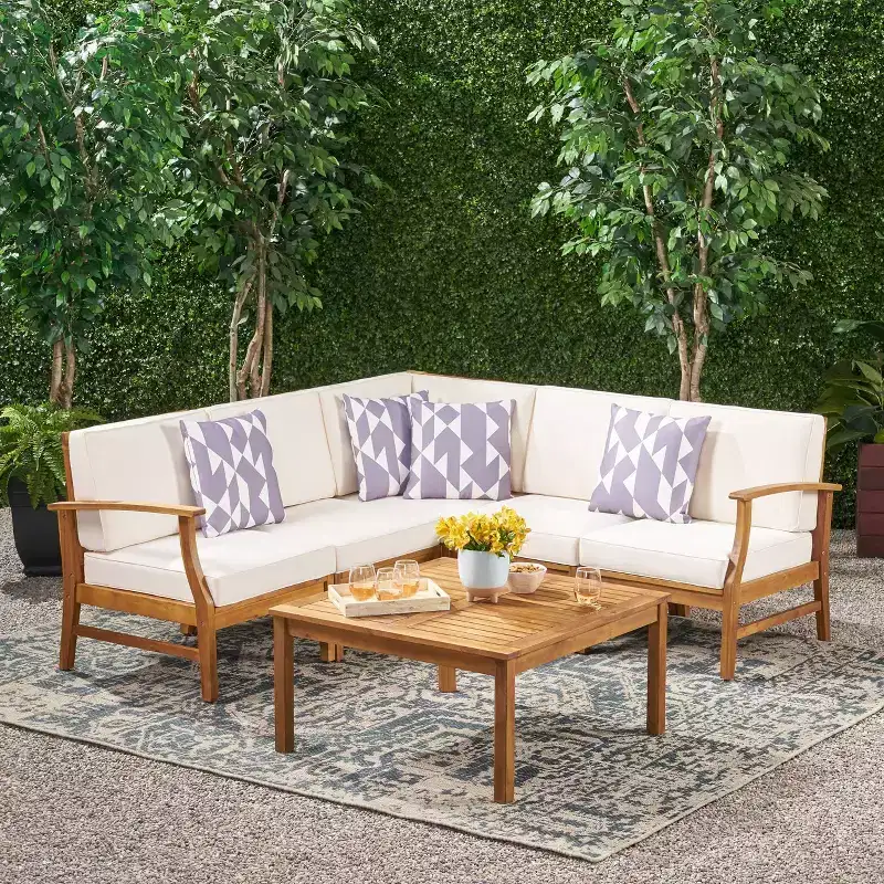 Perla 6pc Acacia Wood Patio Chat Set: Sectional Sofa, Coffee Table, Weather-Resistant - Christopher Knight Home