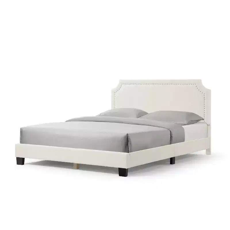 24/7 Shop At Home Queen Heartwild Modern Boucle Upholstered Nailhead Trim Platform Bed White: Polyester, Wood Frame, No Box Spring Needed