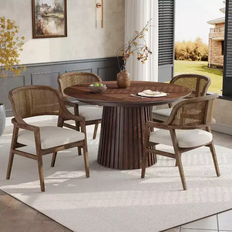 Christopher Knight Home Bennett Mid-Century Modern Wood 5-Piece Extendable Dining Set with Table and 4 Upholstered Cane Back Chairs