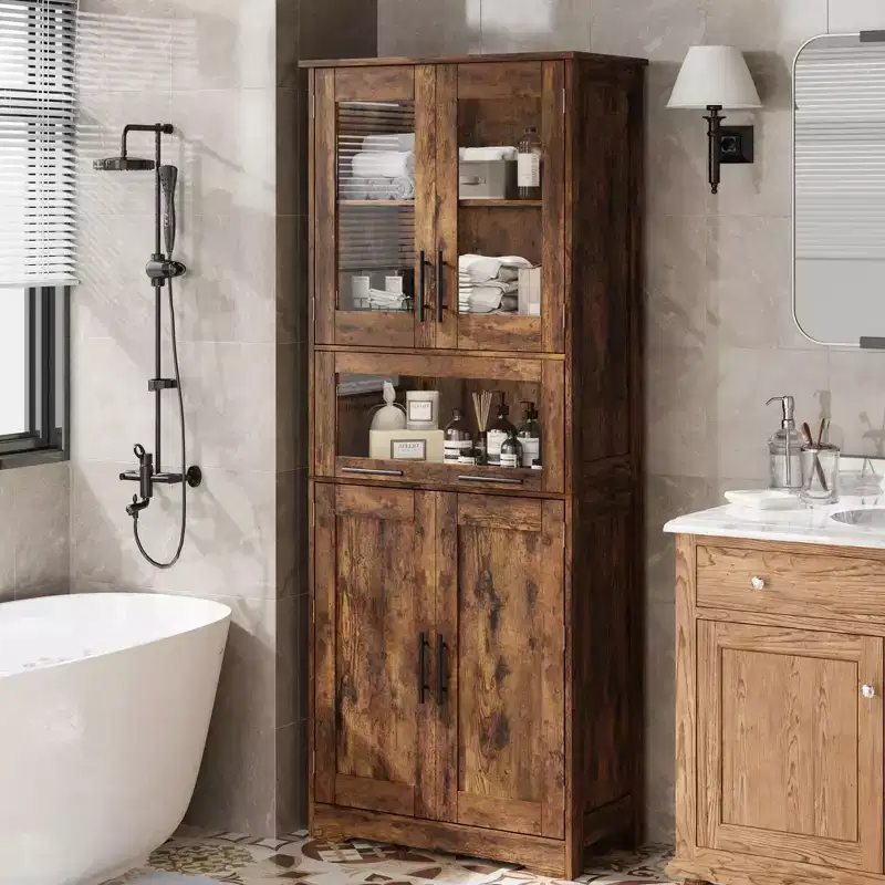 Tall Bathroom Cabinet, Freestanding Storage Cabinet with Glass Doors and Adjustable Shelves and Drawers, 67 Tall Cabinet for Kitchen