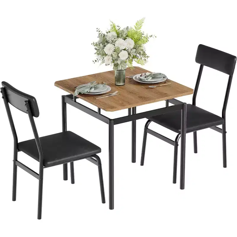 3-Piece Dining Set with Table & 2 Padded Chairs, Wooden Frame, Space-Saving Design, Easy-Clean Surface, Black
