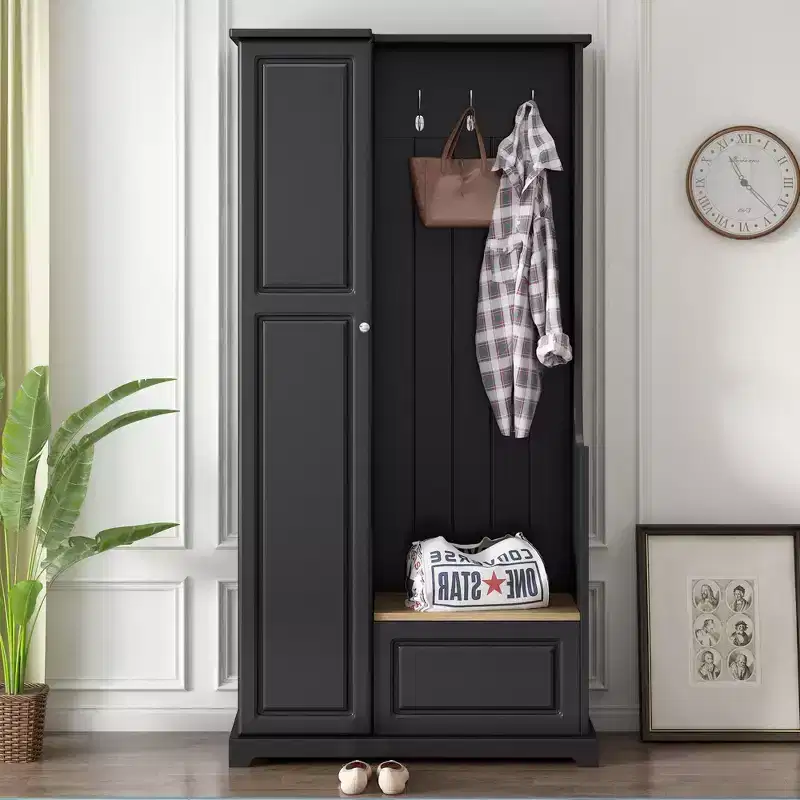 Stylish Hall Tree with Flip-Up Bench, Coat Rack with Shoe Cabinet and Adjustable Shelves, Coat Tree with Hanging Hooks for Entryways, Black