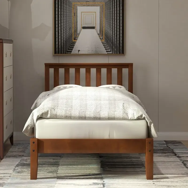 Twin Wood Platform Bed with Headboard and Wood Slat Support