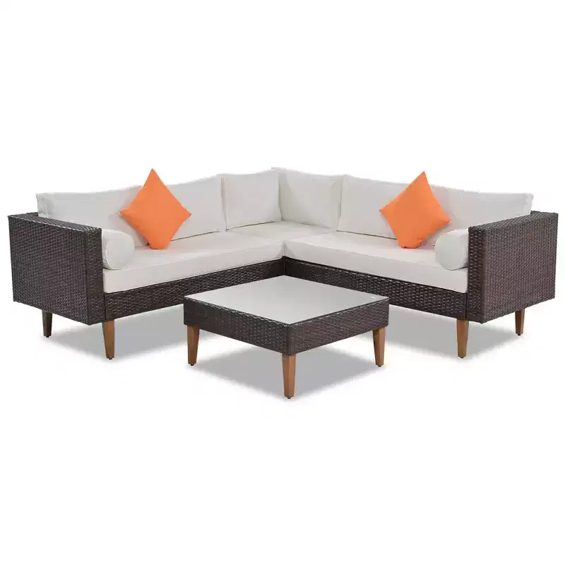 4 PCS Outdoor Wicker Sofa Set, Patio L-shape Sofa Set with Colorful Pillows- ModernLuxe