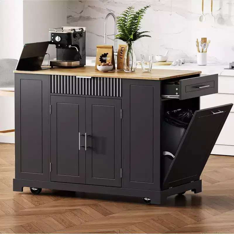 Black / Gray Blue / White Fluted Rolling Kitchen Island with Trash Can Cabinet, Power Outlet & Shelves