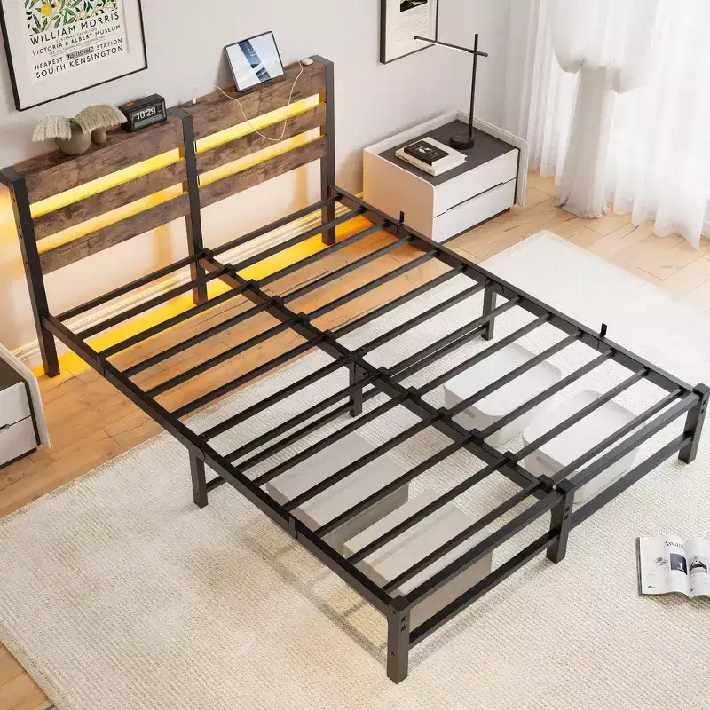 Queen Bed Frame Metal Wooden Headboard Charger Shelf Quiet No Box Spring Rustic Brown