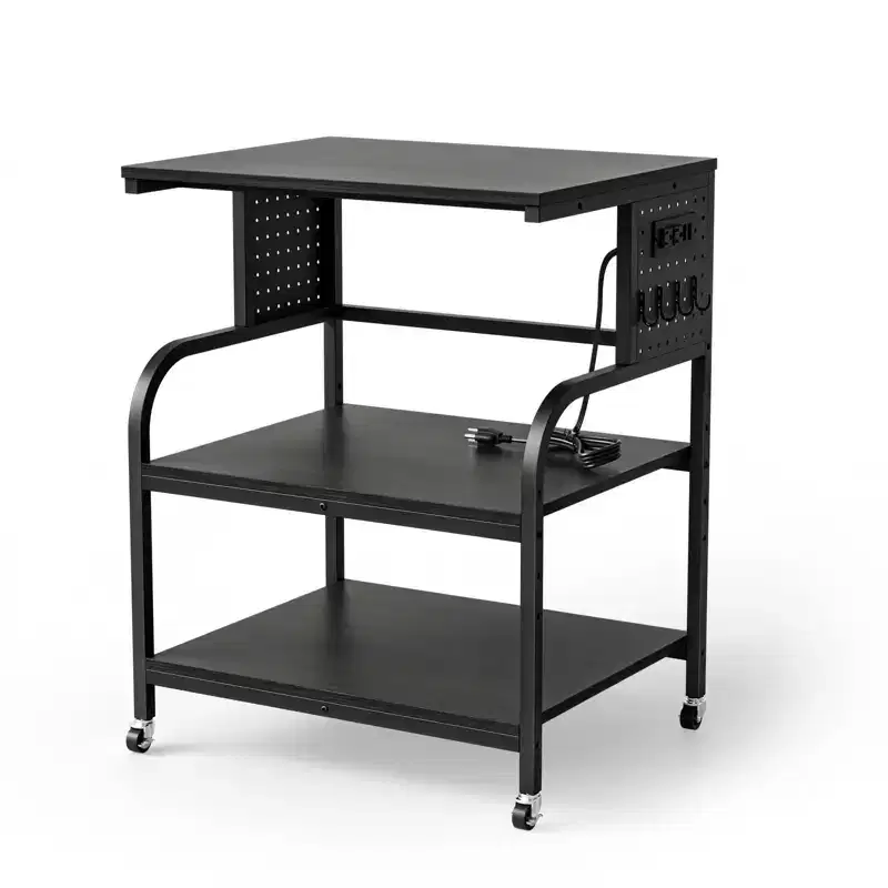 3 Tier Large 3D Printer Stand with Power Outlet/USB Port, Rolling Printer Cart with Adjustable Shelf, Laser Printer Table (Black)