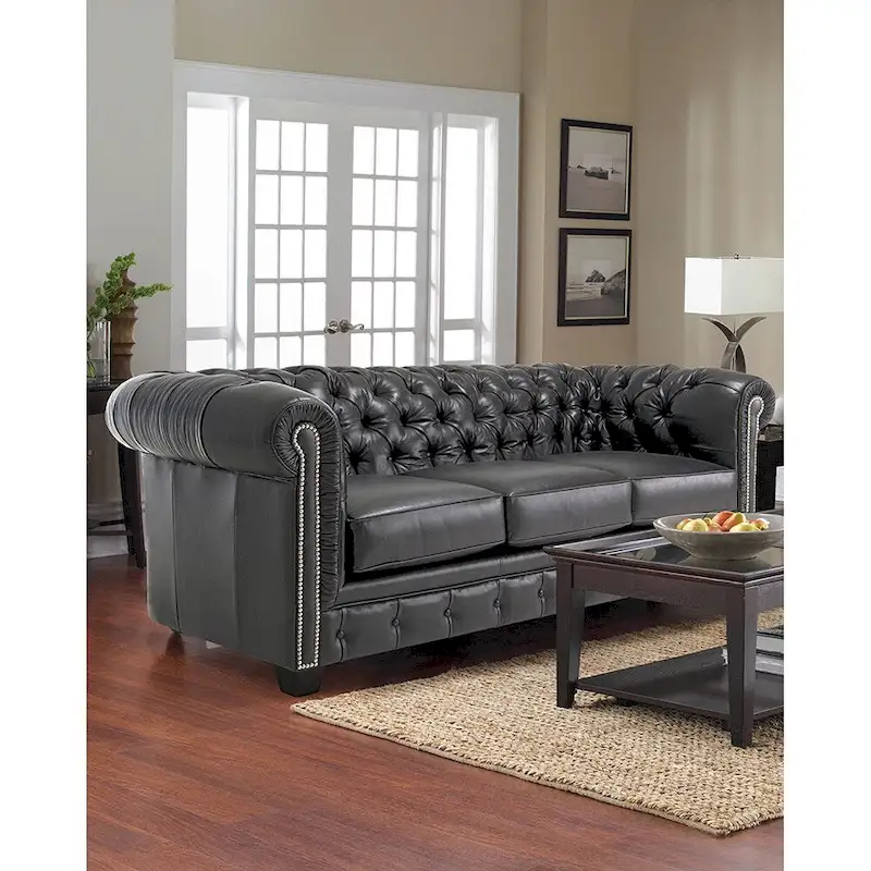 Black Tufted Chesterfield Leather Sofa, 3-Seater