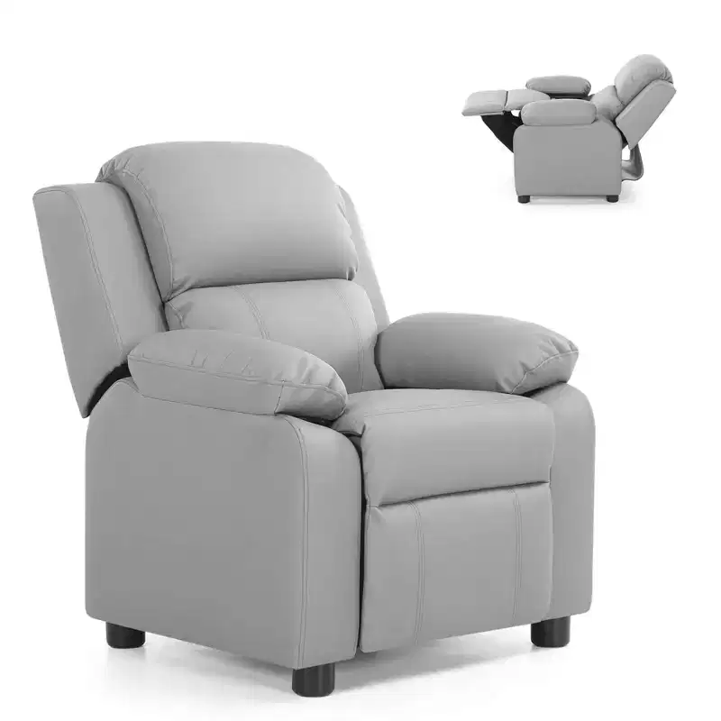 Kids PU Leather Recliner Chair with Armrest Storage, Headrest & Adjustable Footrest