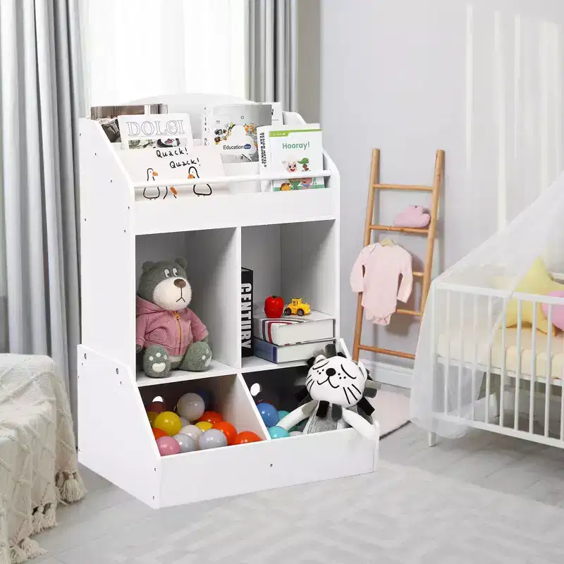 Kids Bookshelf with Toy Storage, Wooden Book Shelf Organizer for Toddlers, Children's Rooms and Playrooms
