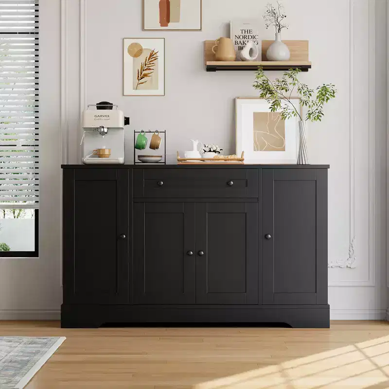 Sideboard Buffet Cabinet with Storage, Modern Wooden Credenza Storage Cabinet with Drawer and 4 Doors, Freestanding Coffee Bar Living Room, Kitchen