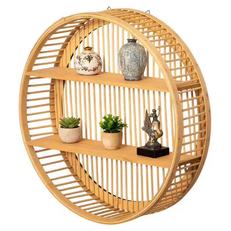 Round Bamboo Wall Shelf with 2 Wooden Tiers Natural Hanging Wall Decor & Floating Display Rack for Home, Living Room, Office