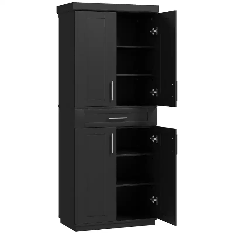 Modern Kitchen Pantry Freestanding Cabinet Cupboard with Doors and Drawer, Adjustable Shelving