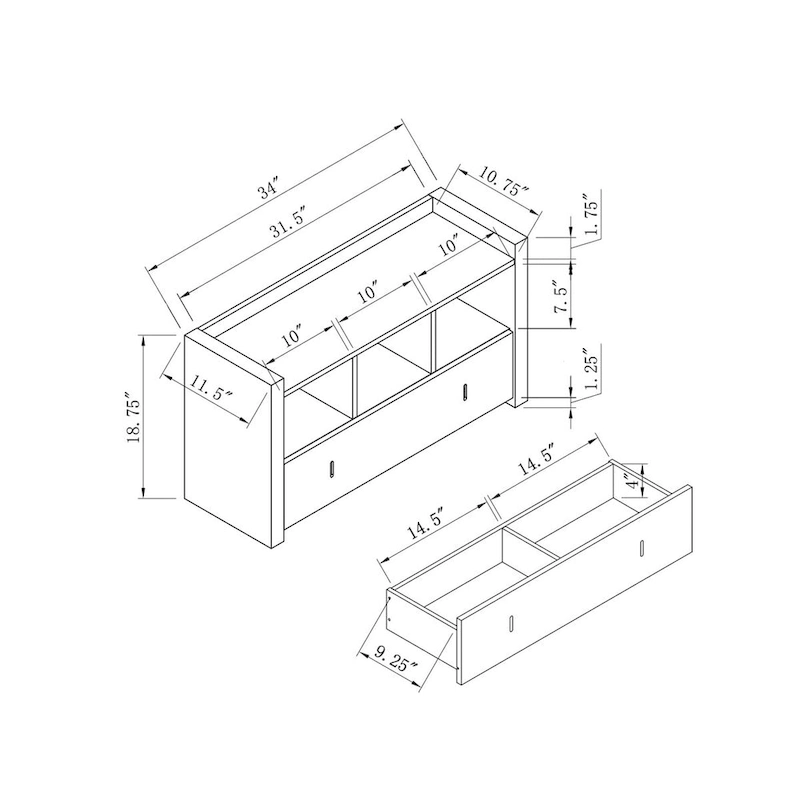 Shoe Entry Bench with Three Shelves, One Drawer with Divided Compartment